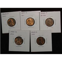 2207. 1944D, 47S, 48P, 50D, 55S Lincoln Cents. 