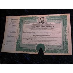 2223. 1929 Lincoln Gold Corp. Stock Cert.