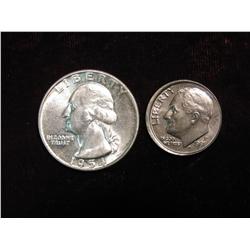 2270. 1954P Quarter & 1991 off Center Dime. UNC.