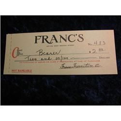 2359. 1930's Franc's, Davenport, Iowa, $2.50 Check.