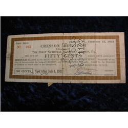 2361. 1933 Cresson Borough Pa. .50c Depression Script.