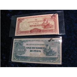2372. WWII Japanese Government 10, 100 Rupee Notes.
