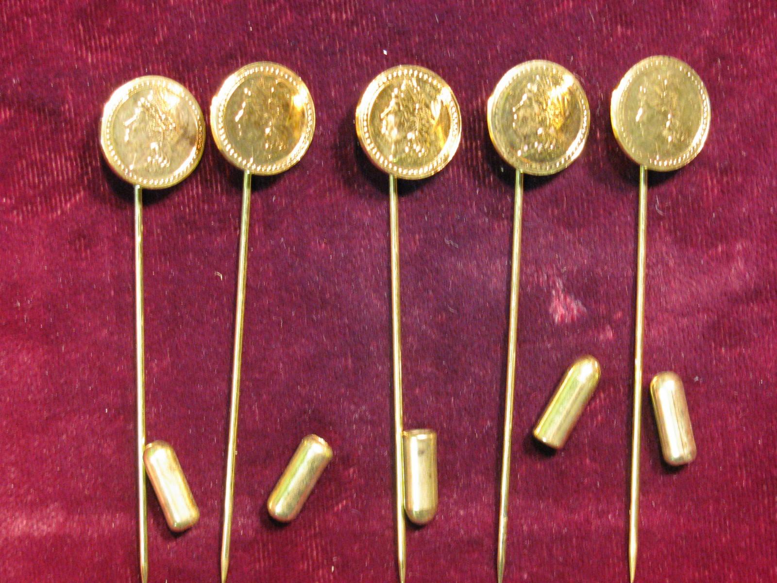 Coin Stick 2940. (5) Antique Pattern Gold Coin Stick Pins.