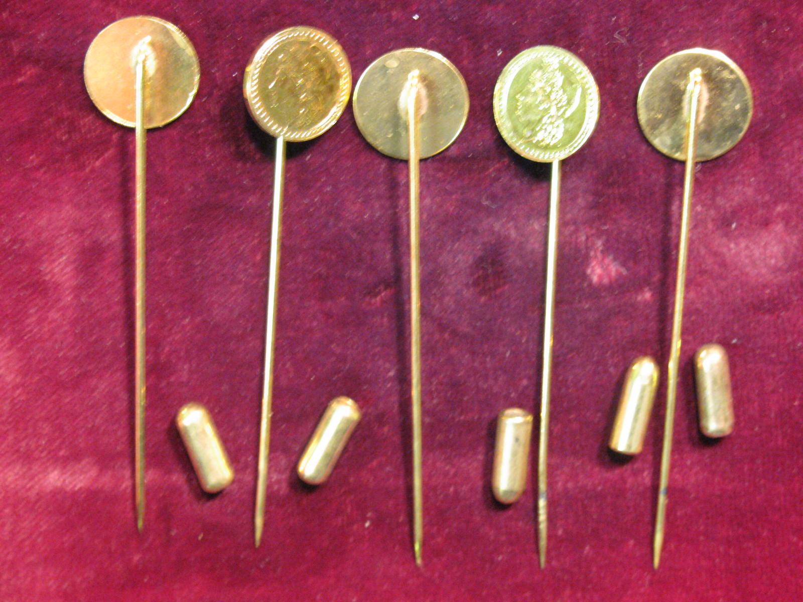 Coin Stick 2940. (5) Antique Pattern Gold Coin Stick Pins.