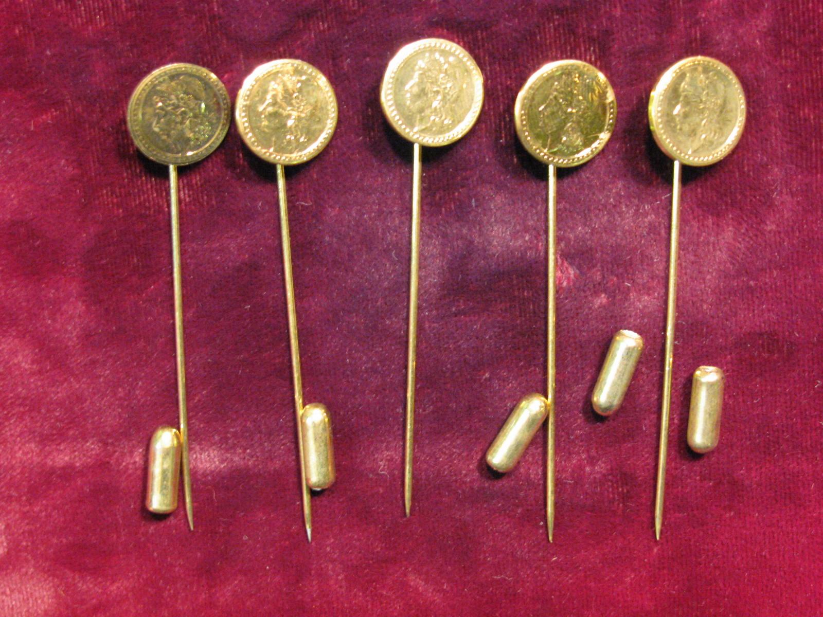 Coin Stick 2943. (5) Antique Pattern Gold Coin Stick Pins.