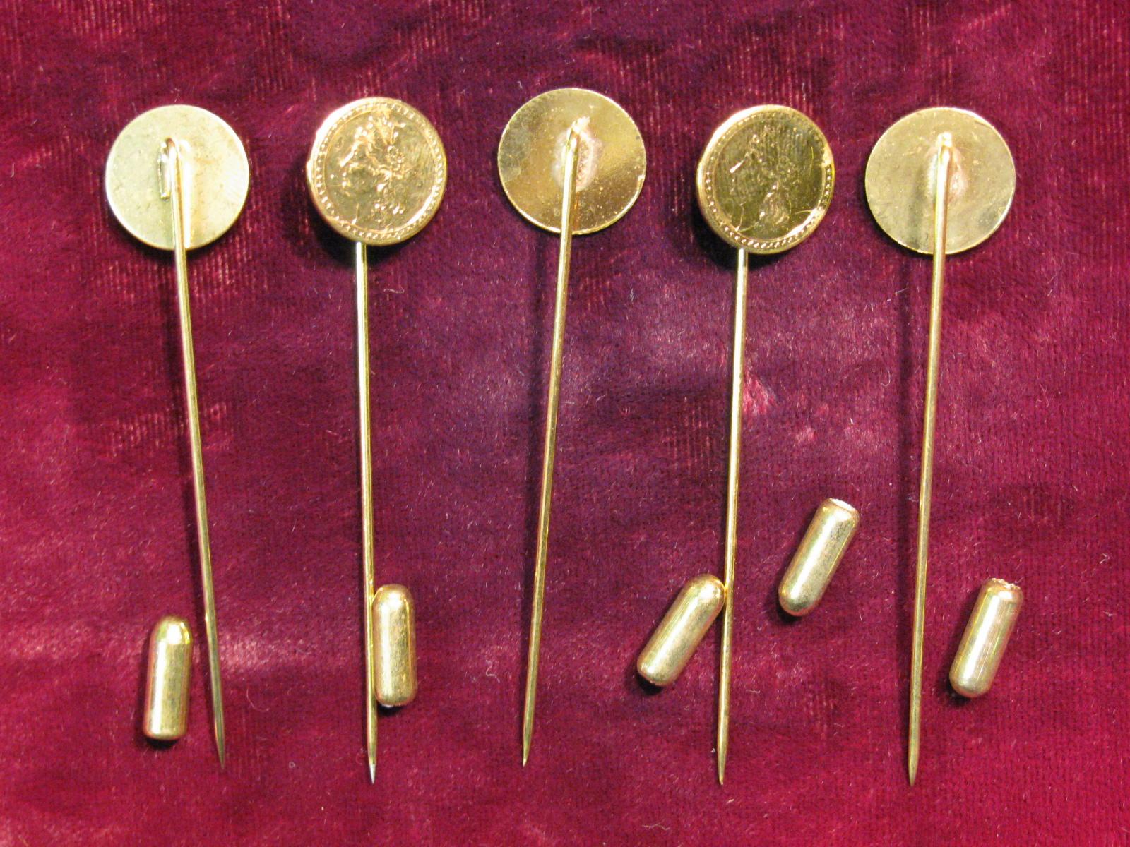 2943. (5) Antique Pattern Gold Coin Stick Pins.