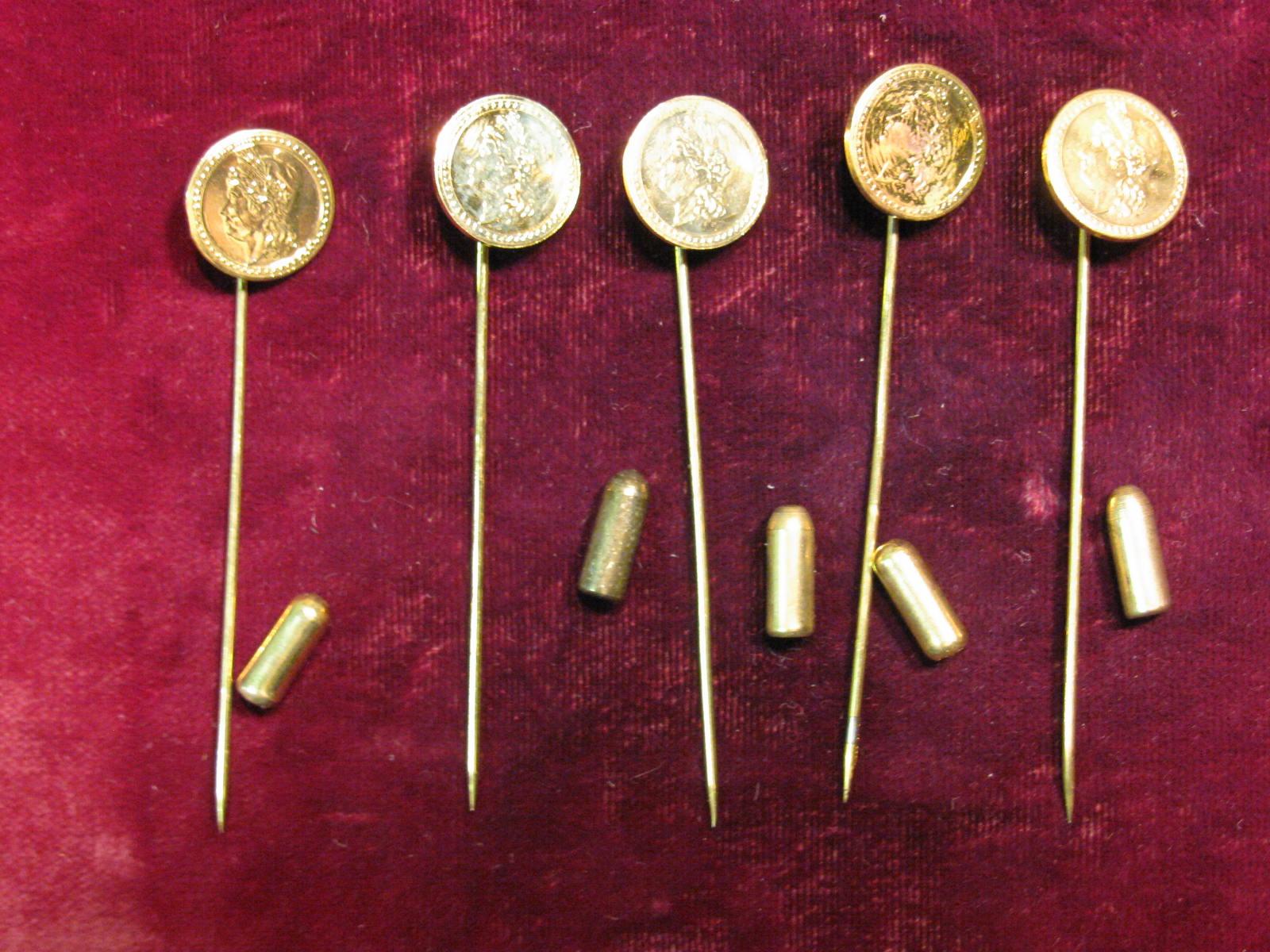 Coin Stick 3161. (5) Antique Pattern Gold Coin Stick Pins.