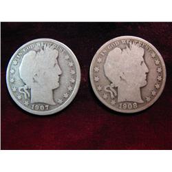 3364. 1907S & 08S Barber Half Dollars. G, G-AG.