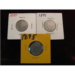 3376. 1889, 91 & 95 Liberty Nickels. G.