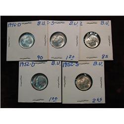 3398. 1946D, 46S, 52P, 52D, 52S BU Roosevelt Dimes.