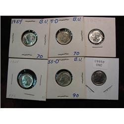 3399. 1954P, 54D, 54S, 55P, 55D & 95P BU Roosevelt Dimes.