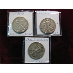 3473. 1935P, D & S Walking Liberty Half Dollars. VF. 