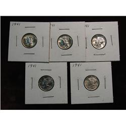3652. (5) 1941P Mercury Dimes. BU.