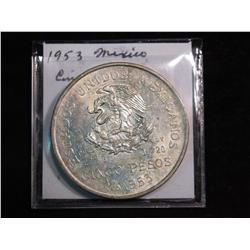 3668. 1953 Mexico Silver 5-Pesos. AU.