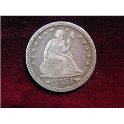 3696. 1853 Rays & Arrows Liberty Seated Quarter. AU. 