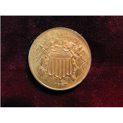 3709. 1867 2-Cent Piece. Brown AU.