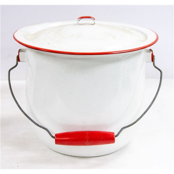 ANTIQUE WHITE AND RED ENAMEL POT W LID