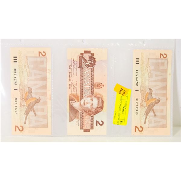 3 UNCIRC CANADA 2 DOLLAR BILLS