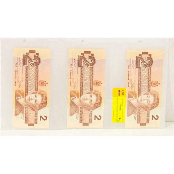 3 UNCIRC SEQ CANADA 2 DOLLAR BILLS
