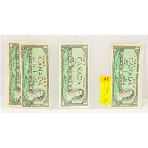 LOT OF 4 1954 CANADA 1 DOLLAR BILLS