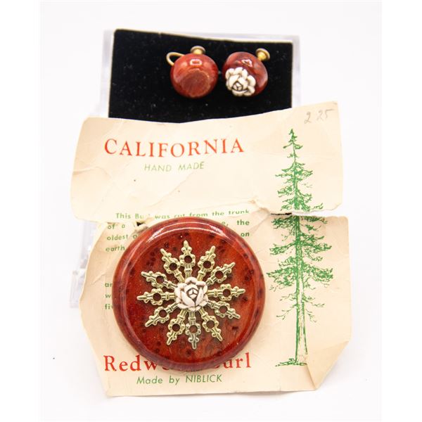 50S CALIFORNIA REDWOOD BROOCH EARRINGS