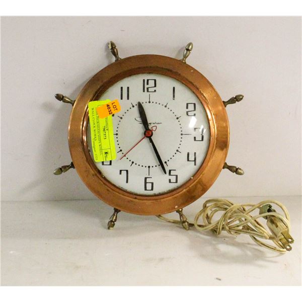 1950S INGRAHAM SHIPS WHEEL WALL CLOCK -  WORKS