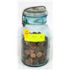 Image 1 : BLUE MASON JAR FULL OF PENNIES