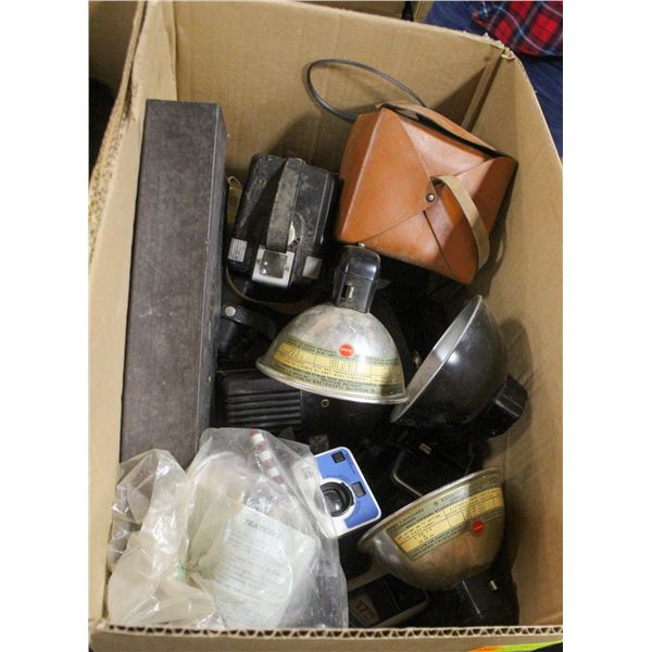 BOX OF ASSORTED VINTAGE CAMERAS AND MORE