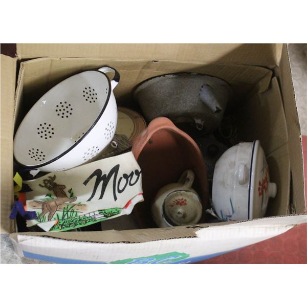 BOX OF VINTAGE ENAMELWARE AND MORE