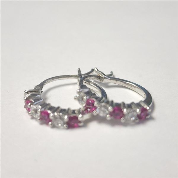 Silver Created Ruby Hoop Earrings (~Size )(Ring is resizable for $40) (~length inches), Suggested Re