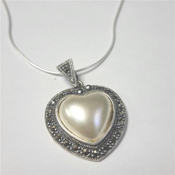 Silver Marcasite And Mabe Pearl 16" Necklace (~Size )(Ring is resizable for $40) (~length inches), S