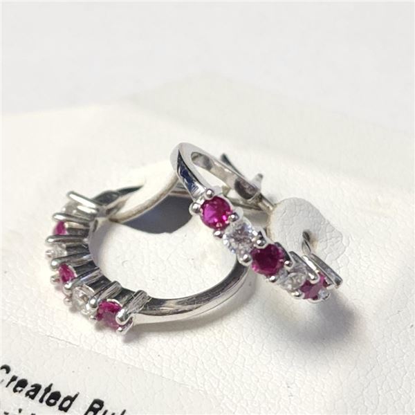 Silver Created Ruby Hoop Earrings (~Size )(Ring is resizable for $40) (~length inches), Suggested Re