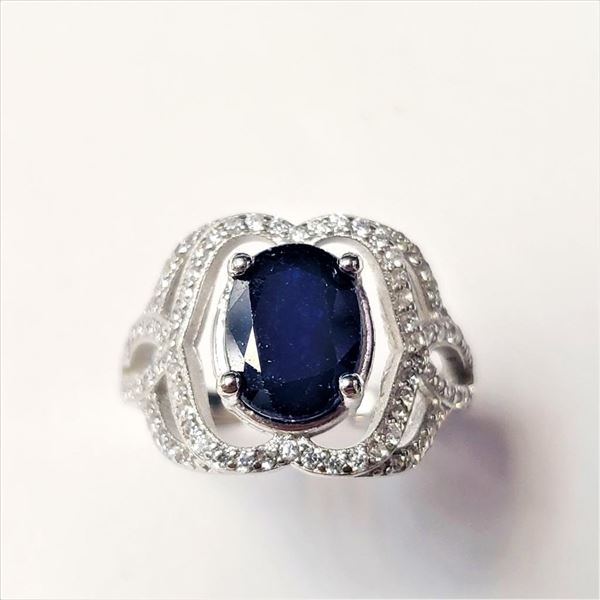 Silver Sapphire(2ct) Ring (~Size 9)(Ring is resizable for $40) (~weight 5.01g), Suggested Retail Val