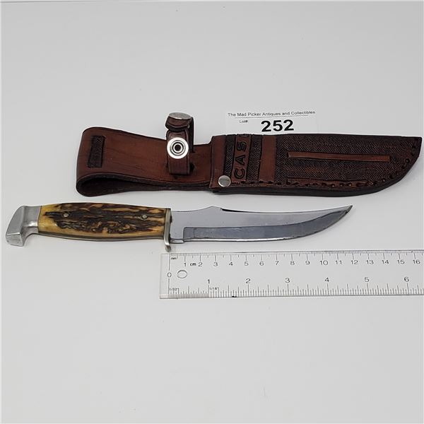 Case Hunting Knife With Antler Handle And Tooled Sheath