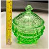 Image 3 : Hazel Atlas Uranium/Vaseline Glass "Wexford" 1930's Depression Glass Covered/Footed Sugar Bowl