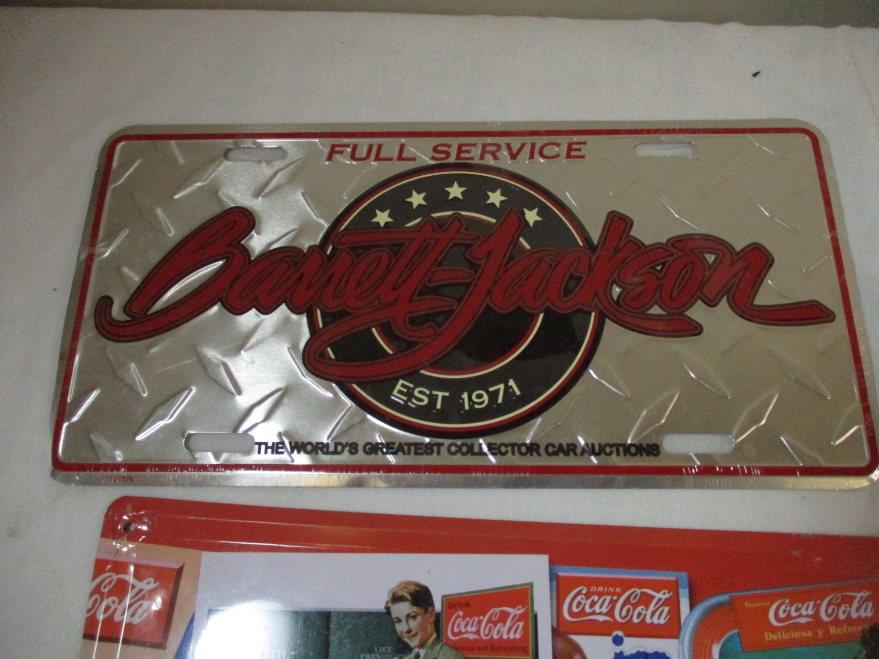 Barrett Jackson license plate + Purolator Open/Closed sign + Coca cola ...