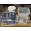 Image 1 : Lot of Assorted Plastic storage containers + Chinese Silk + 3 White metal brackets