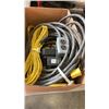 Image 2 : BOX AND TRAY OF EXTENTION CORDS, TOOLS, CABLES, SAFETY GOGGLES