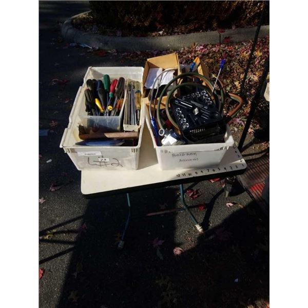 2 BINS OF HAND TOOLS, SOCKETS, CONTOUR GUAGE AND MORE