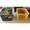 Image 1 : 2 CRATES WITH PULLEY BLOCKS, PIPE WRENCHES AND LARGE CASTORS