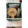 Image 2 : 2 CRATES WITH PULLEY BLOCKS, PIPE WRENCHES AND LARGE CASTORS