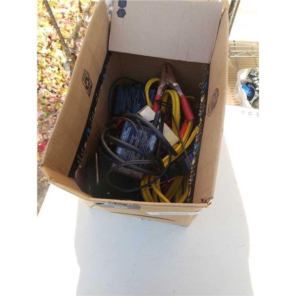 BOX OF BATTERY CHARGERS, JUMPER CABLES, ELECTRICAL METER