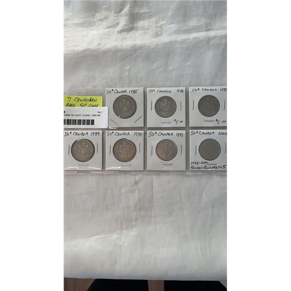 7 CANADIAN RARE 50 CENT COINS 1985 86 87 89 1990 91 PLUS 2002 7 canadian rare 50 cent coins 1985 86 87 89 1990 91 plus 2002