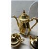 Image 8 : GOLD TONE TEAPOT, SUGER, CREAM, VANITY MIRROR AND BOWL