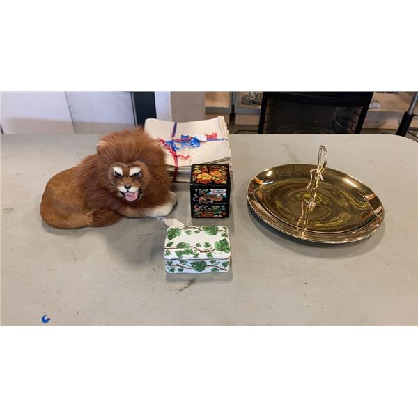 ROTAL WINTER CAKE PLATE, LION WITH REAL FUR, NAPKINS, LAQUER JELERY BOX AND CERAMIC KEEPSAKE BOX