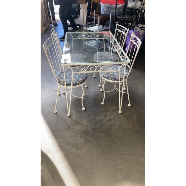 WHITE METAL GLASS TOP DINING TABLE WITH 4 CHAIRS