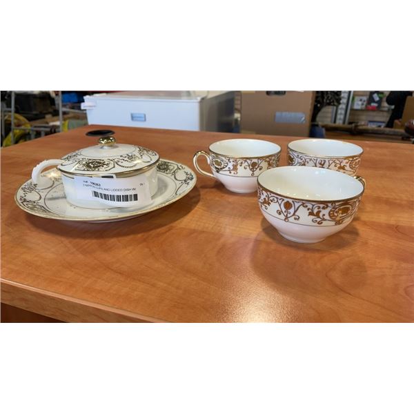 3 NIPPON CUPS AND LIDDED DISH W/ SPOON