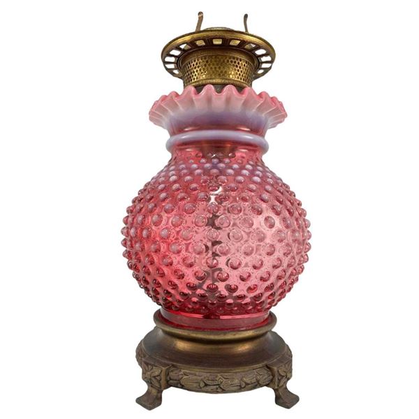 Antique Cranberry Glass Hurricane Hobnail Lamp