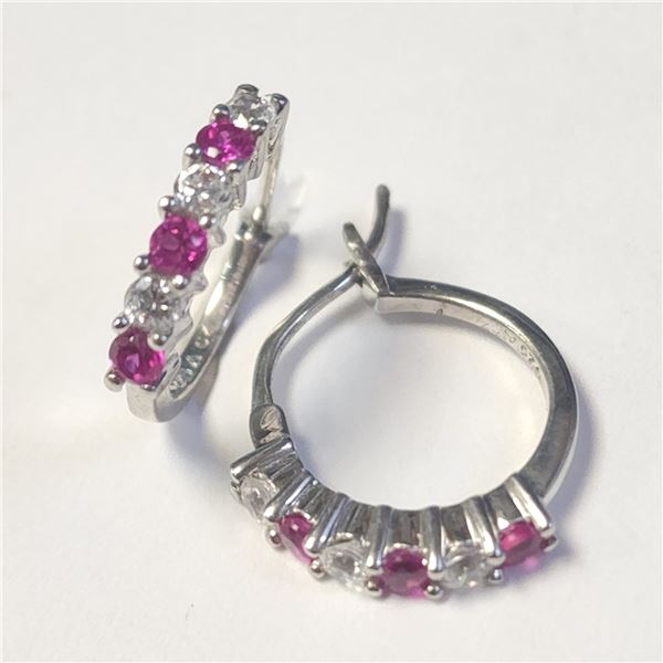 SILVER CREATED RUBY HOOP EARRINGS