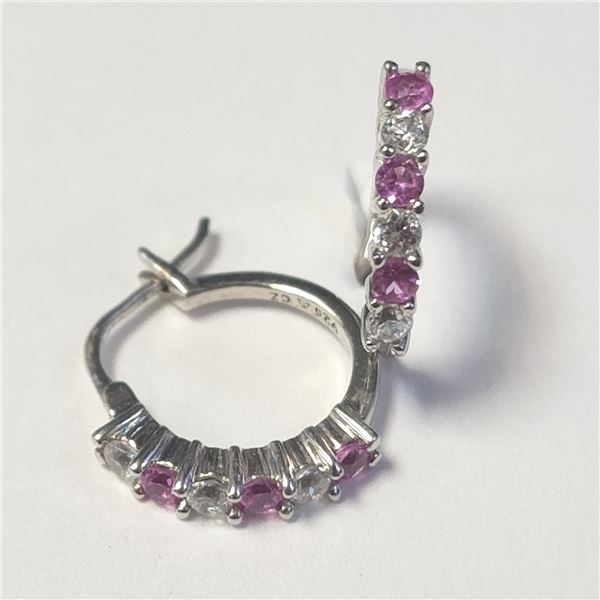 SILVER CREATED PINK SAPPHIRE HOOP EARRINGS